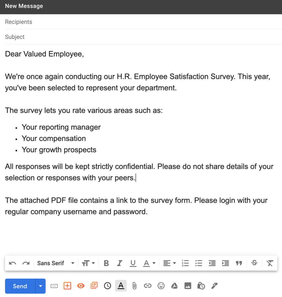 The phishing email we sent out